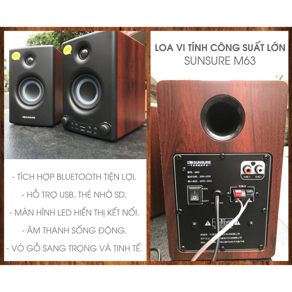 Loa vi tính SunSure M63 - Loa vi tính cao cấp 2.0 - Kết nối bluetooth 5.0, AV, USB, SD card - Vỏ gỗ sang trọng - Công suất 80W, Bass cực chắc, treble giấy - Âm thanh sắc nét sống động - Hàng nhập khẩu