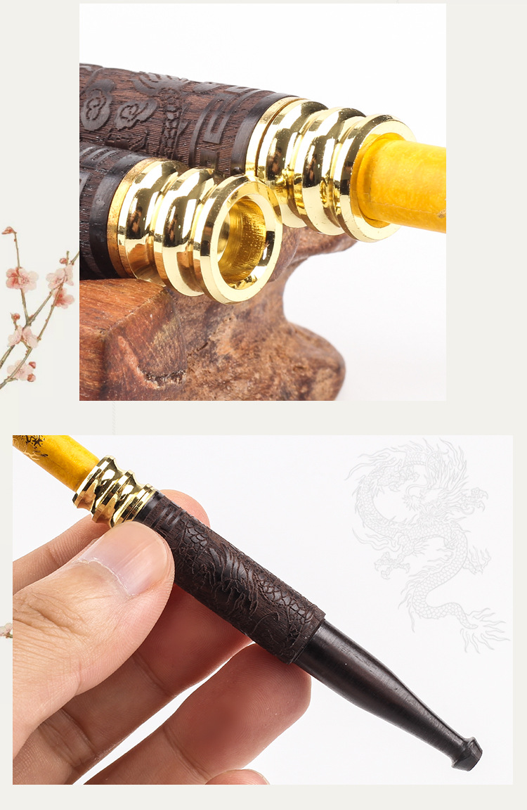 Tẩu thuốc gỗ mun khảm khoa văn siêu đẹp sang trọng cao cấp - tặng kèm 1 dụng cụ vệ sinh tẩu