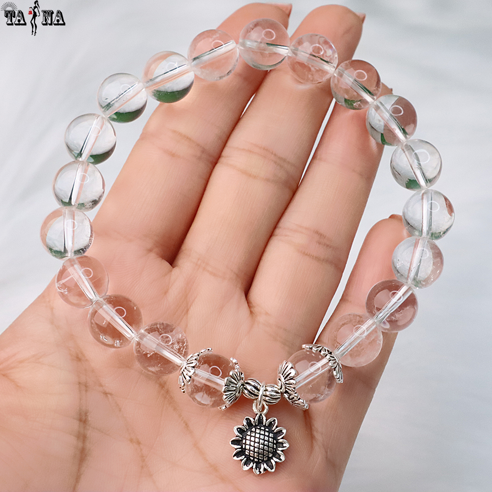 Vòng tay thạch anh trắng mix charm bạc 925 cao cấp