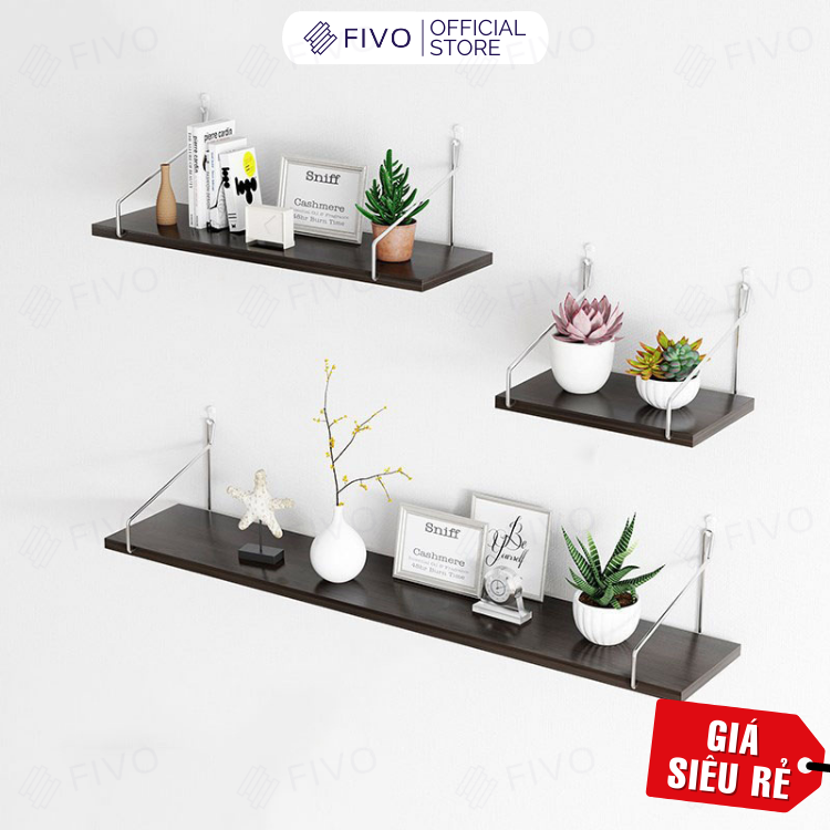 Kệ Trang Trí Treo Tường Gỗ Fivo Mã Fb40 Không Cần Khoan Tặng Kèm Đinh 4 Chân Chịu Lực Lên Đến 10Kg Với Móc Treo Inox Dễ Dàng Gắn Lên Tường - Set 3 Kệ Màu Đen - Đinh 4 Chân