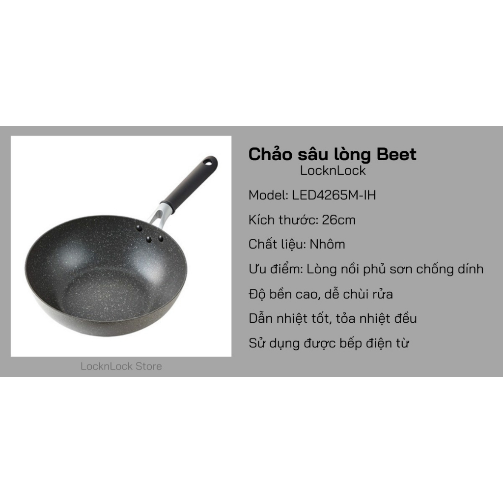 Chảo Sâu Lòng Marble Beet LocknLock LED4265M-IH Đường Kính 26cm - Dùng Được Bếp Từ - Hàng Chính Hãng
