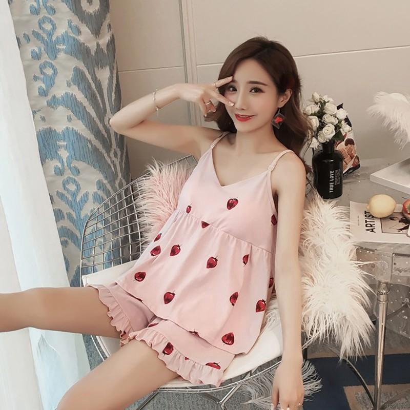 Bộ đồ ngủ áo dây cổ chữ V hinh dâu tây + quần short cho nữ