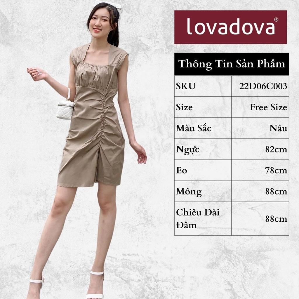 Đầm Dáng Ôm, Cách Điệu Nhún Eo, Khóa Kéo Sau, Màu Nâu - Lovadova 22D06C003