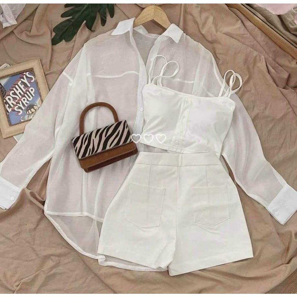 Set 3 món trắng áo crop 2 dây kèm khoác sơ mi tay dài phối quần đùi short mâu nina lê cá tính thể thao