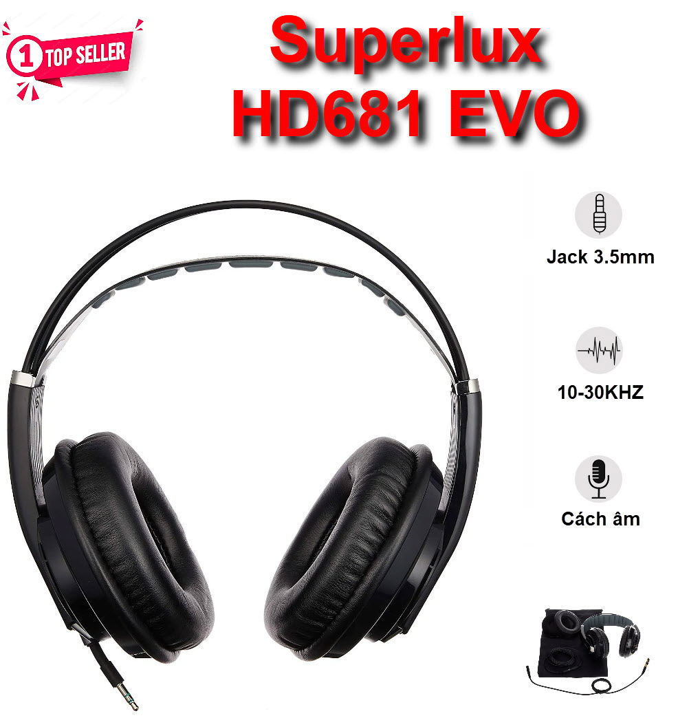 ROGTZ - Tai Nghe Chuyên Nghiệp Superlux HD681 Evo - Driver Dynamic 50mm Kiểu Dáng Semi-Open Earpad Da Nhân Tạo Jack Chuyển 3.5-6.3mm Cable Rời 3.5mm 1m&amp;3m - Chất Âm Cân Bằng Bass Sâu Lắng Mid Mượt Mà Treble Thanh Thoát - Hàng Chính Hãng