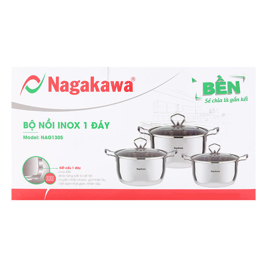 Bộ nồi inox cao cấp 1 đáy Nagakawa NAG1305 (size 16cm, 20cm, 24cm) dùng cho mọi loại bếp - Hàng Chính Hãng