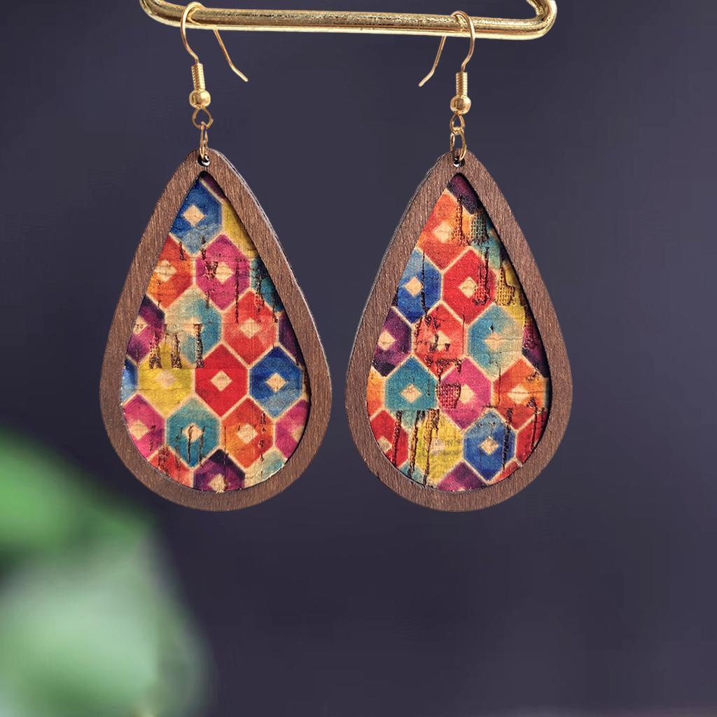 2-3pack Drop Shape Earrings Retro Wood Grain Leather for Teens Square Rainbow