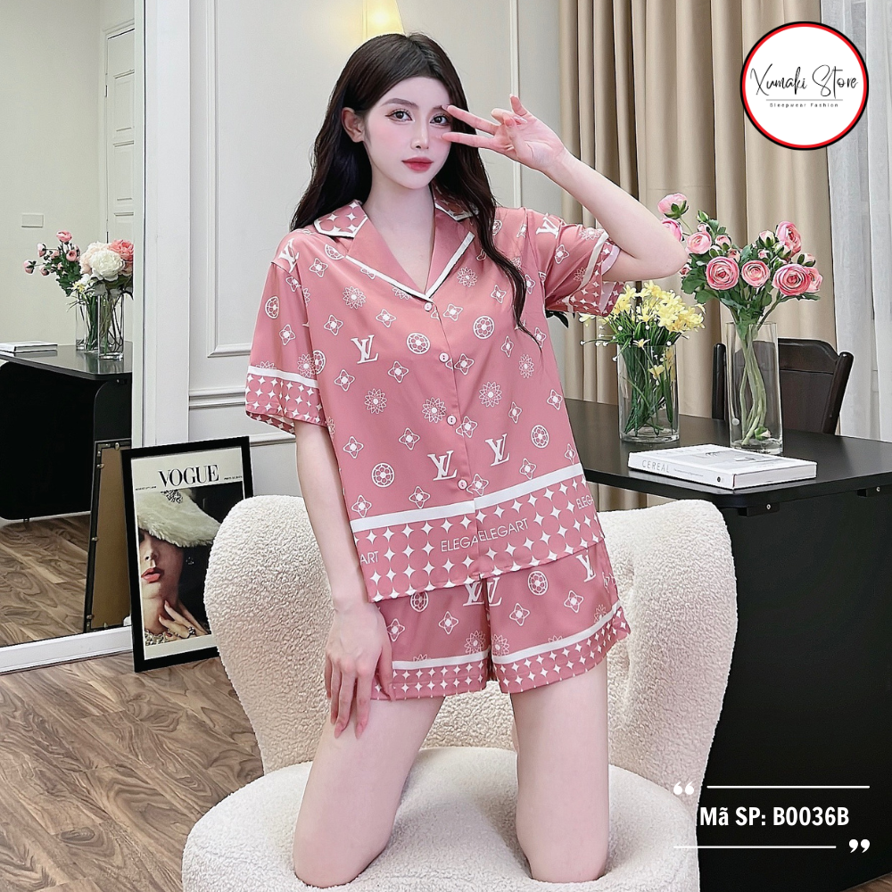 Bộ pijama áo cộc quần đùi hoạ tiết chữ nhiều màu chất lụa cao cấp Xumaki Store BO036B
