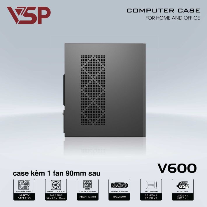 VỎ CASE VĂN PHÒNG V600 - VỎ CASE MÁY TÍNH ( USB 3.0, SPCC 0.8MM, KÈM 1 FAN 9CM )- ĐEN - JL - HÀNG CHÍNH HÃNG