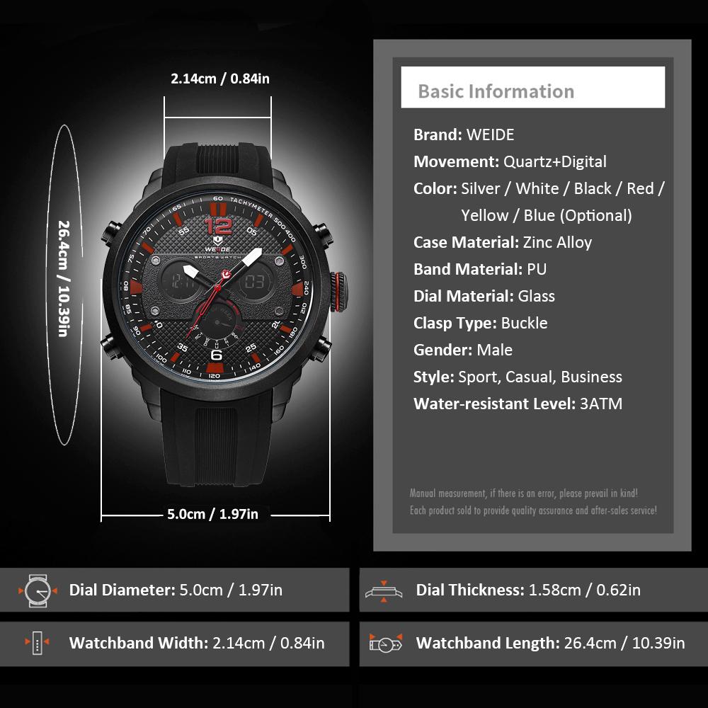 Đồng hồ điện tử kỹ thuật số thạch anh mặt số phụ Hiển thị thời gian kép 3ATM Bộ hẹn giờ chống nước WEIDE WH6303 