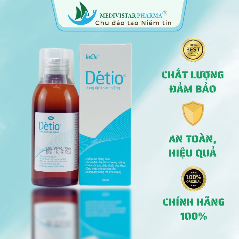 Nước Súc Miệng DÉTIO Không Chứa Cồn Giúp Vệ Sinh Răng Hiệu Quả, Hạn Chế Mảng Bám, Đem Lại Hơi Thở Thơm Mát Chai 200ml