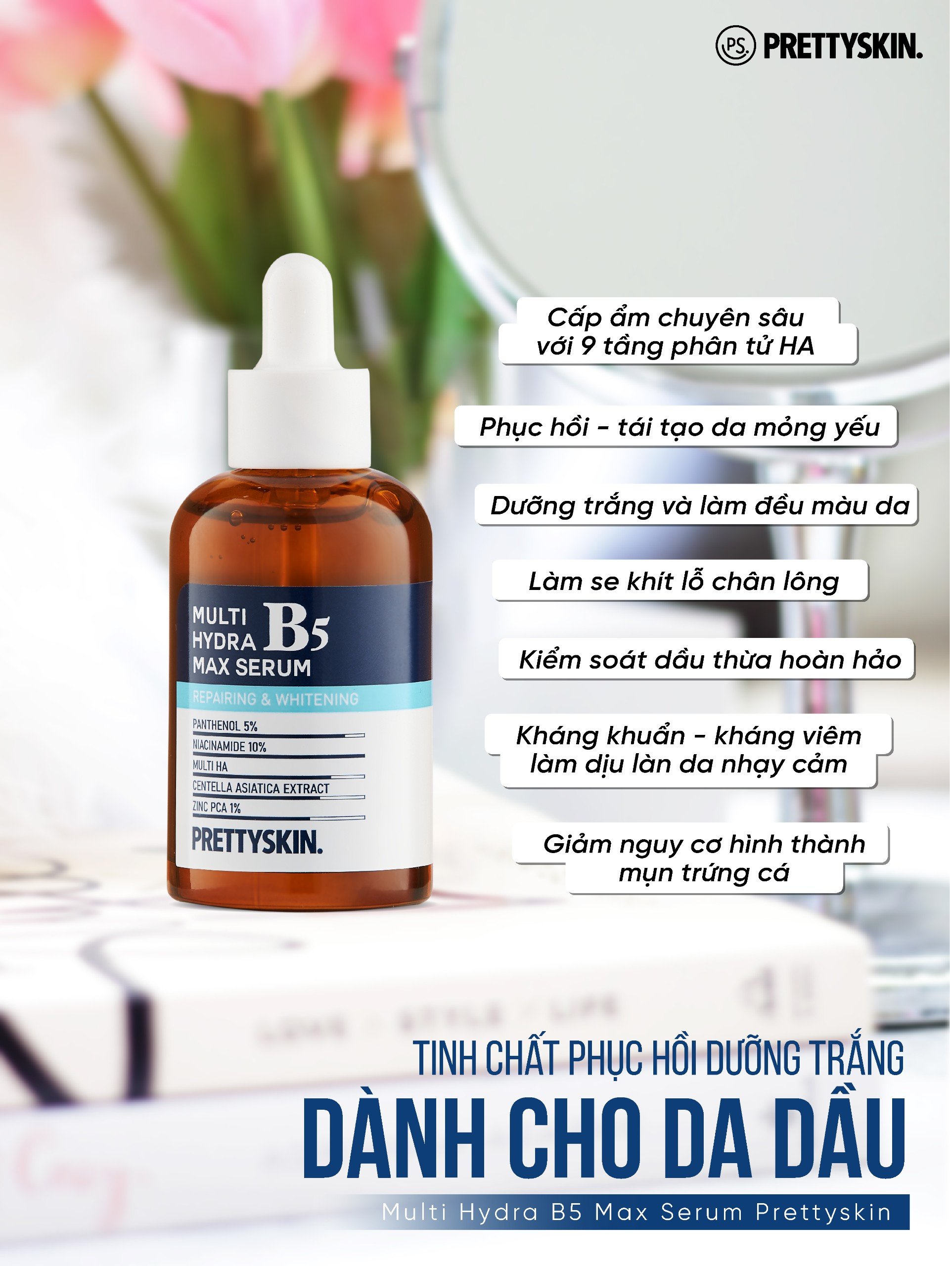 Serum B5 Multi Hydra Max Prettyskin giúp phục hồi dưỡng trắng dành cho da dầu mụn, da khô 50ml