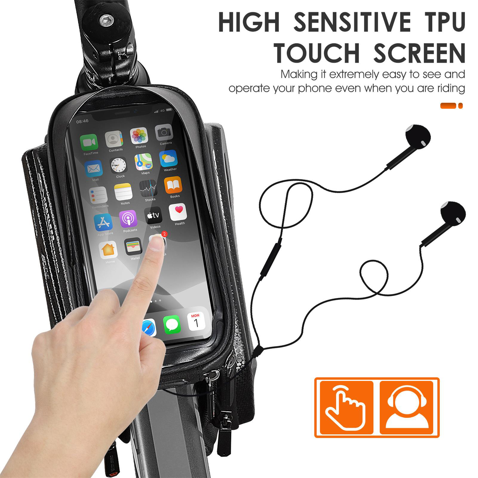 Túi Bike Handlebar hoạt động như một giá đỡ điện thoại đồng với màn hình cảm ứng