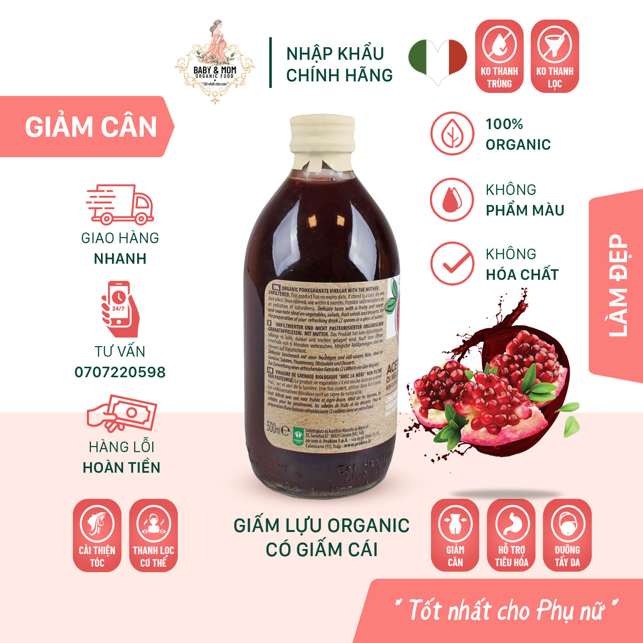 Giấm Lựu Hữu Cơ Có Giấm Cái 500ml ProBios Organic