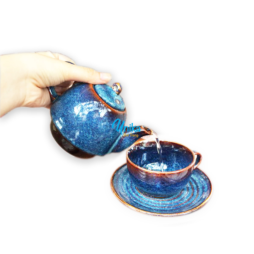 Bộ Ấm Chén Trà Cá Nhân Men Hoả Biến ACTX8  chồng lên nhau độc đáo - Bộ ấm trà men xanh gốm sứ Bát Tràng