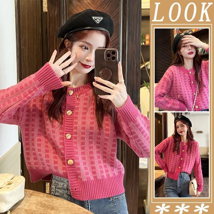 Hình ảnh Áo khoác cardigan nữ họa tiết ô phối màu độc đáo, style Hàn Quốc hot năm nay AK13 hồng