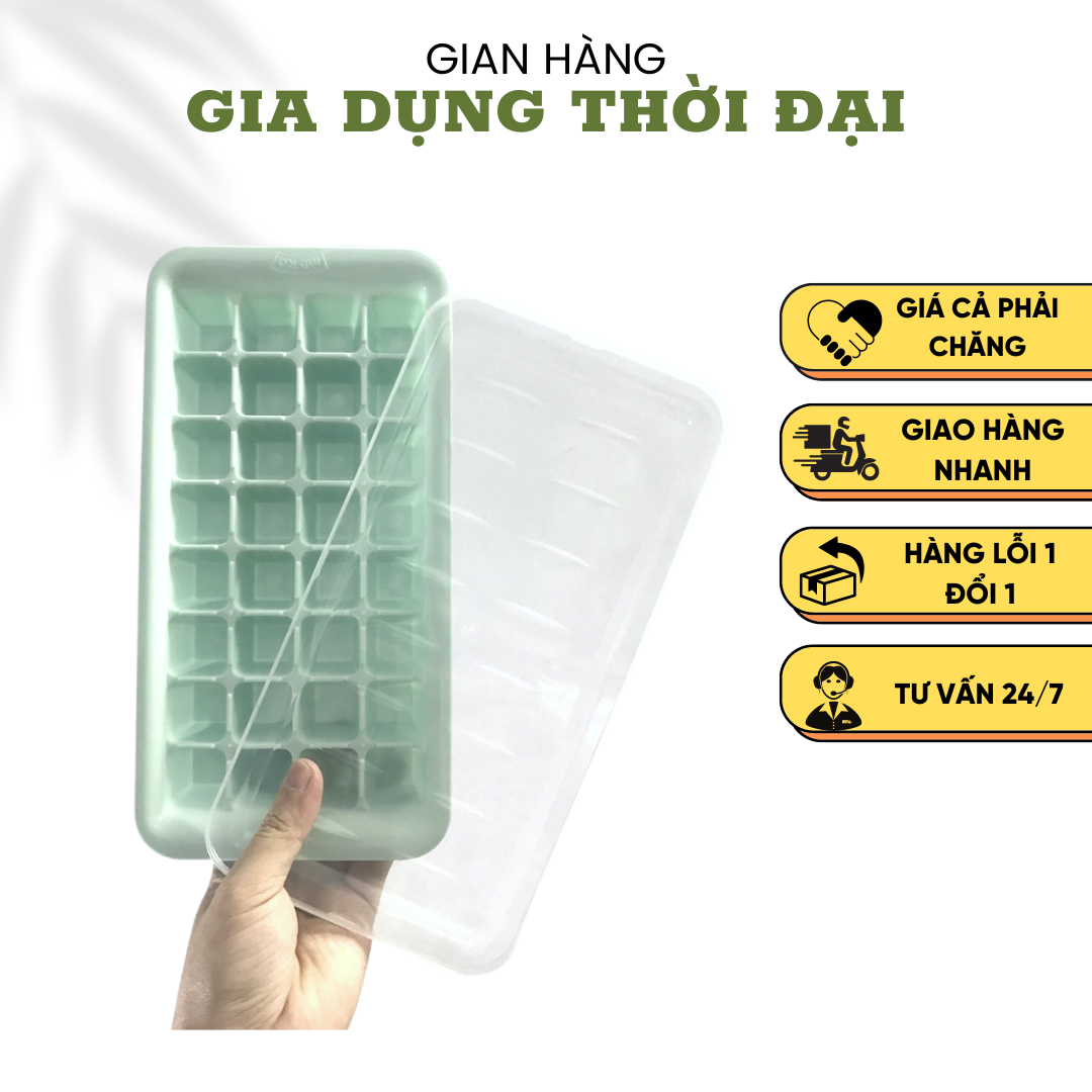 Khay Nhựa Làm Đá Vuông 32 Viên Có Nắp Hàn Quốc Hole KT: 26x13.3cm