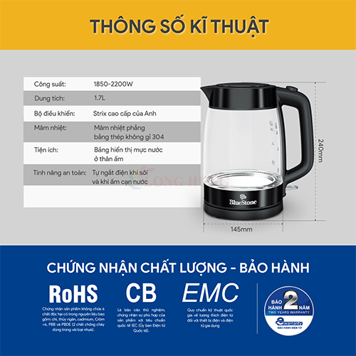 Bình đun siêu tốc Bluestone 1.7 lít KTB-3428 - Hàng chính hãng