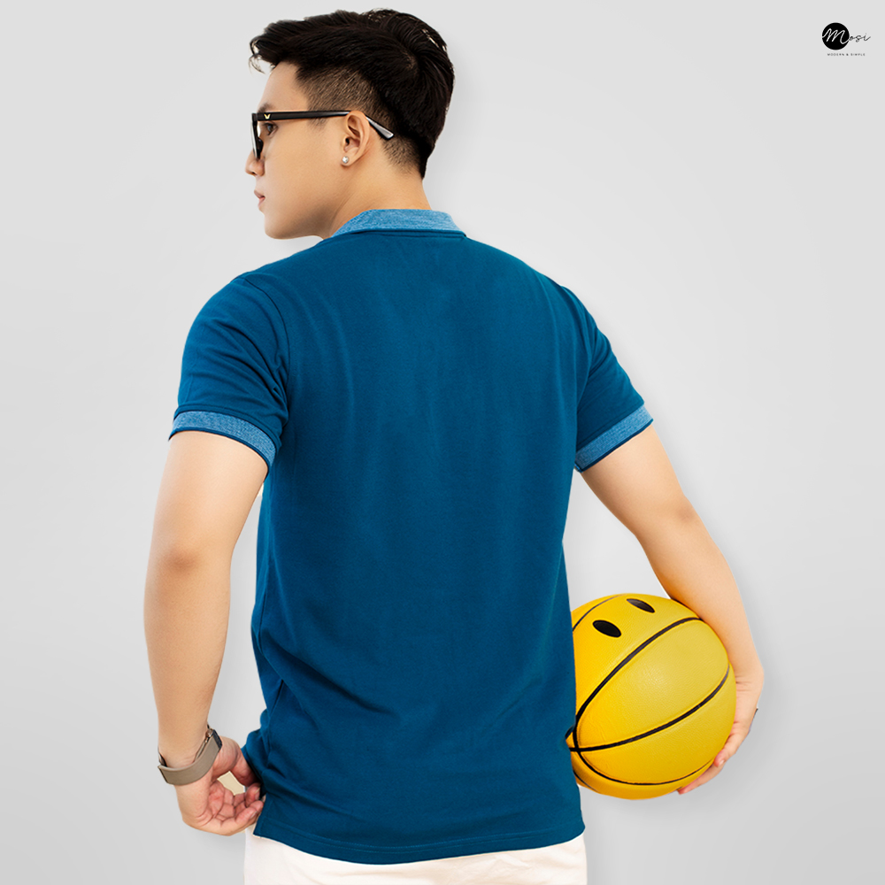 Áo polo nam cổ bẻ phối viền vải cotton chuẩn form, lịch sự, năng động,  xanh đậm- MOSI