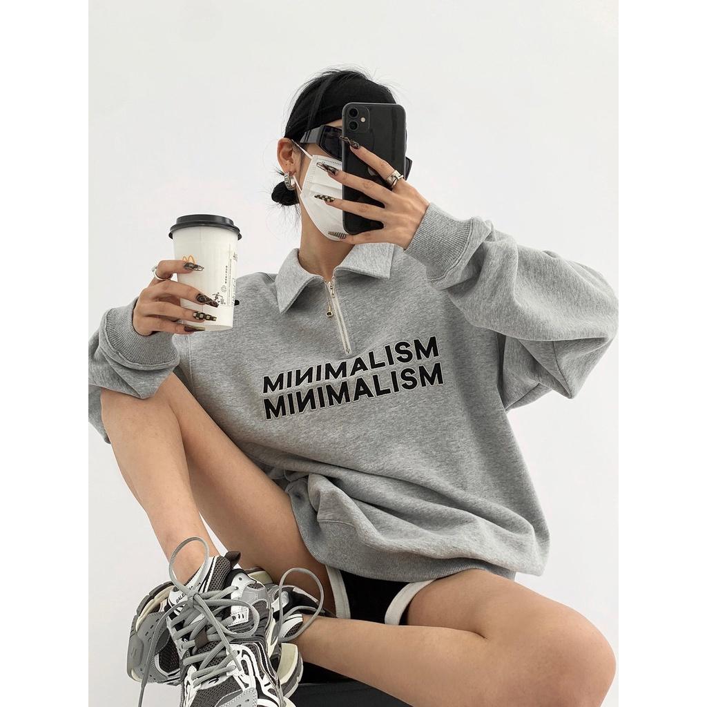 Áo Sweater Zip Gân Cổ Cao Thêu Chữ MINIMALISM Dáng Rộng