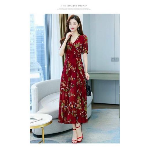 HÀNG NHẬP - ĐẦM VOAN LỤA HOA MÀU ĐỎ CỔ ĐẮP CHÉO