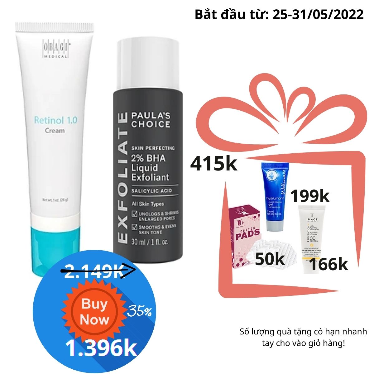 Combo Sản phẩm ngừa mụn, giảm thâm nám Obagi Retinol 1.0 (28g) + Paula's Choice Skin Perfecting 2% BHA Liquid (30ml)