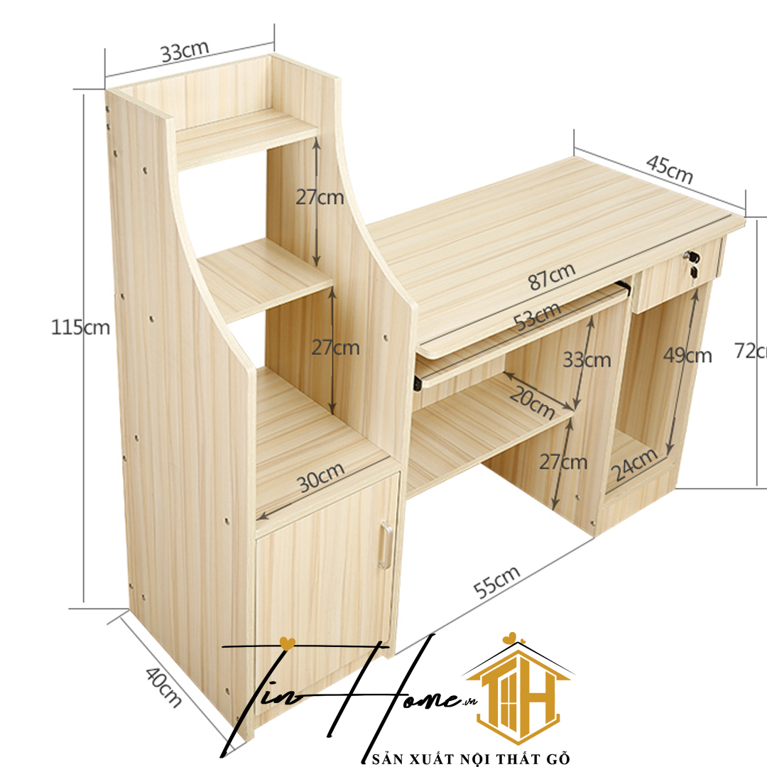 Bàn vi tính kết hợp giá sách gỗ MDF, cứng cáp, chịu ẩm tốt rất tiện lợi BH-002