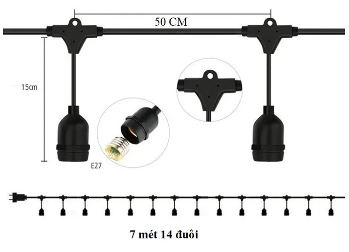 Dây đui đèn kín nước trang trí ngoài trời 7 mét 14 đui E27 hàng chính hãng.