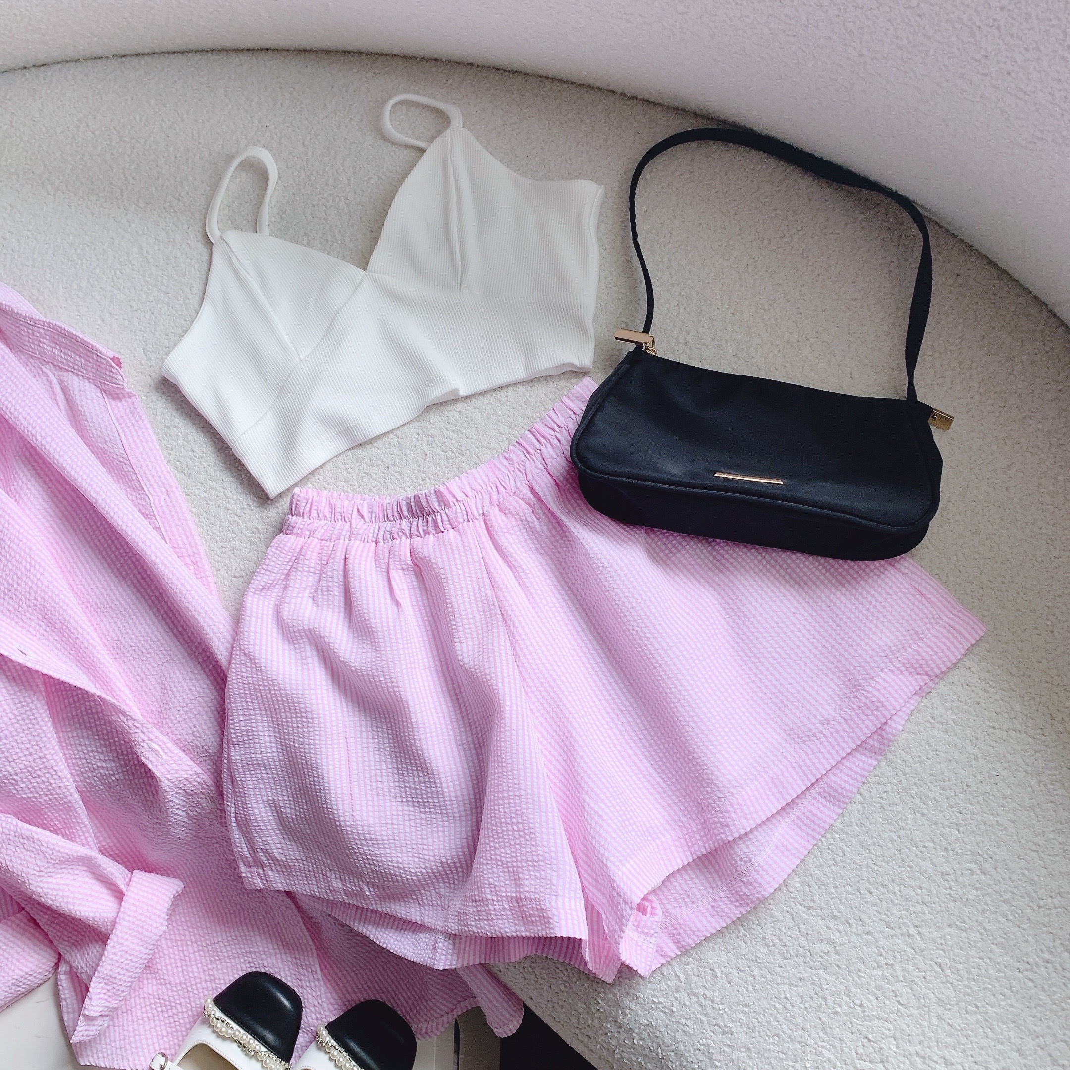SET ÁO CROPTOP DÂY BRA BIKINI CARO + ÁO SƠ MI PASTEL FORM RỘNG + QUẦN NGẮN LƯNG CAO ỐNG RỘNG ĐI BIỂN DẠO PHỐ