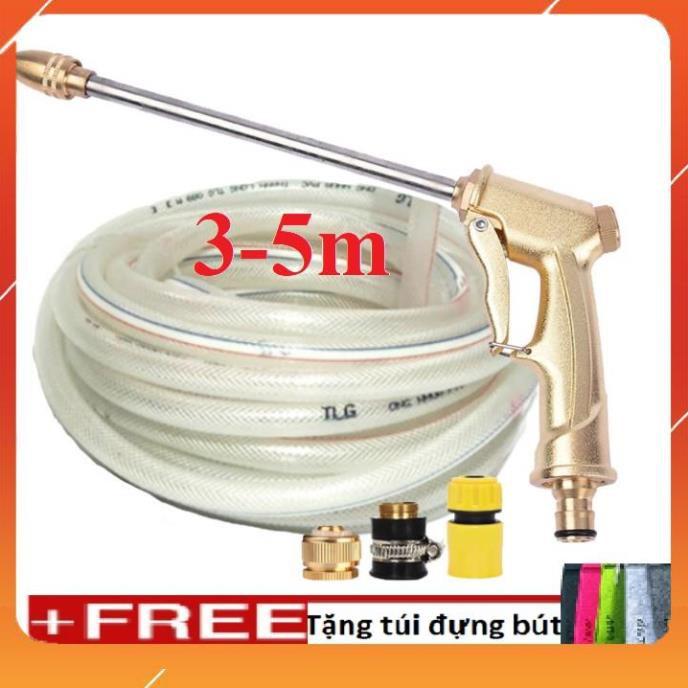 Bộ dây vòi xịt nước rửa xe,tưới cây, tăng áp 3 lần,loại 3m,5m 206701-3 đầu đồng,cút,nối đồng+ túi đựng bút