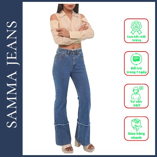 Quần jean ống loe lưng cao, gấu tua rua SJP05 _ Quần bò ống loe rách gối, co giãn chính hãƞg thương hiệu Samma Jeans