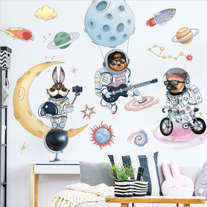 Decal trang trí tường - 2 Chú chó phi hành gia và chú thỏ trắng