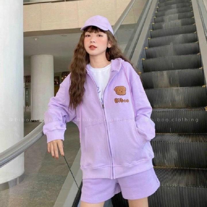 Áo khoác hoodie nữ nỉ ngoại có dây kéo thêu Biboo gấu - Form Nữ Unisex mặc siêu xinh