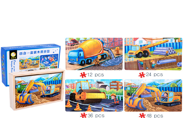 Đồ chơi hộp xếp hình 4 cấp độ Puzzle 12,24,36,48 miếng trong 1 hộp gỗ cho bé