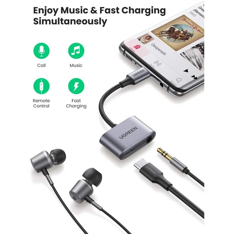 Bộ chuyển đổi có DAC chipset USB-C sang 3.5mm dài 7cm Ugreen 60164 hàng chính hãng