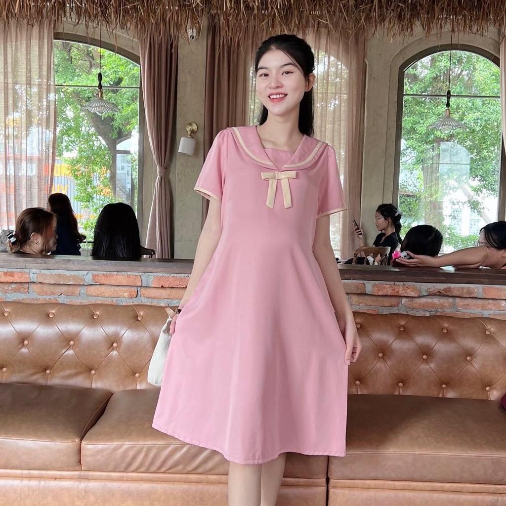 Đầm bầu cotton lạnh cổ sen đính nơ viền cách điệu dễ thương - Đen