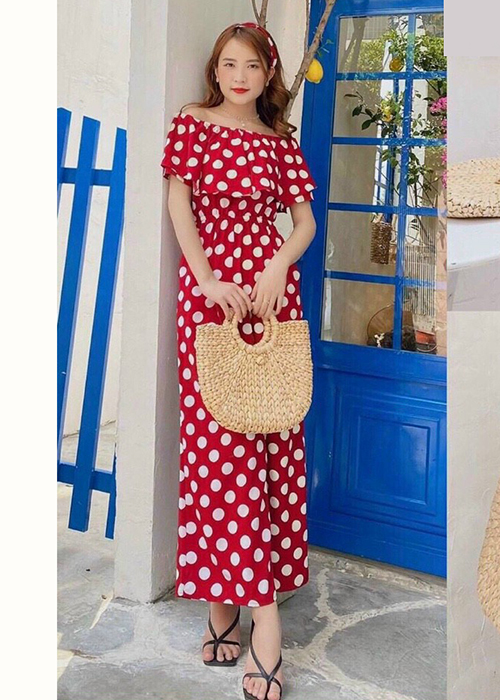 Jumpsuits Trễ Vai Eo Thun Họa Tiết Chấm Bi Duyên Dáng