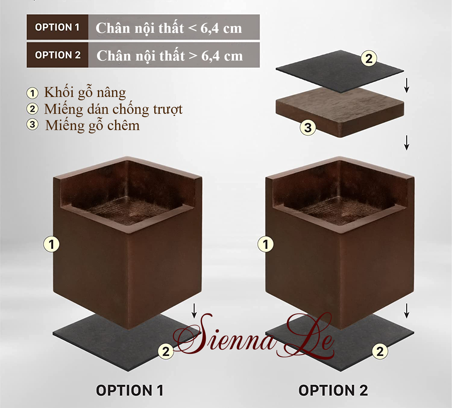 BỘ GỖ NÂNG CHÂN BÀN GHẾ TỦ GIƯỜNG NỘI THẤT BED RISERS  - NÂNG CAO TỪ 6,7 cm ĐẾN 7,7 cm MÀU NÂU (BỘ 8 CÁI)