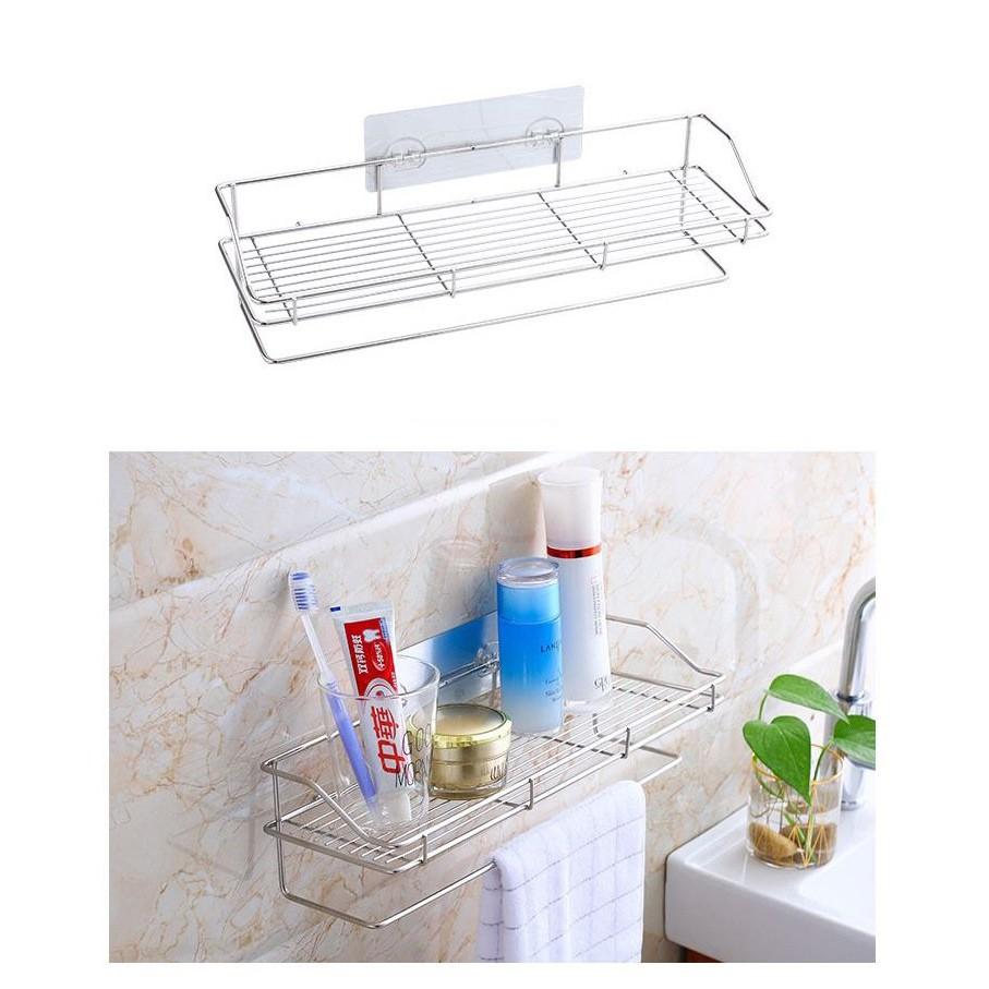 Kệ Gia Vị Inox 304 Hàng Cao Cấp Dán Tường Không Khoan Đục, Kệ Đựng Đồ Nhà Tắm Nhà Bếp Kèm Giá Móc Treo Khăn
