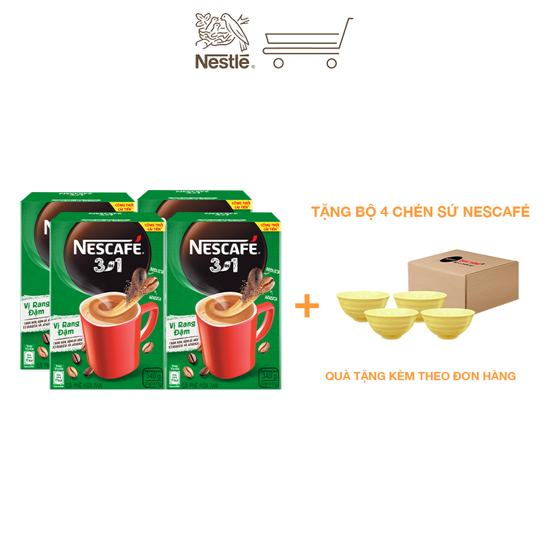 [Tặng bộ 4 chén sứ] Combo 4 hộp cà phê hòa tan Nescafé 3in1 vị rang đậm - công thức cải tiến (Hộp 20 gói)