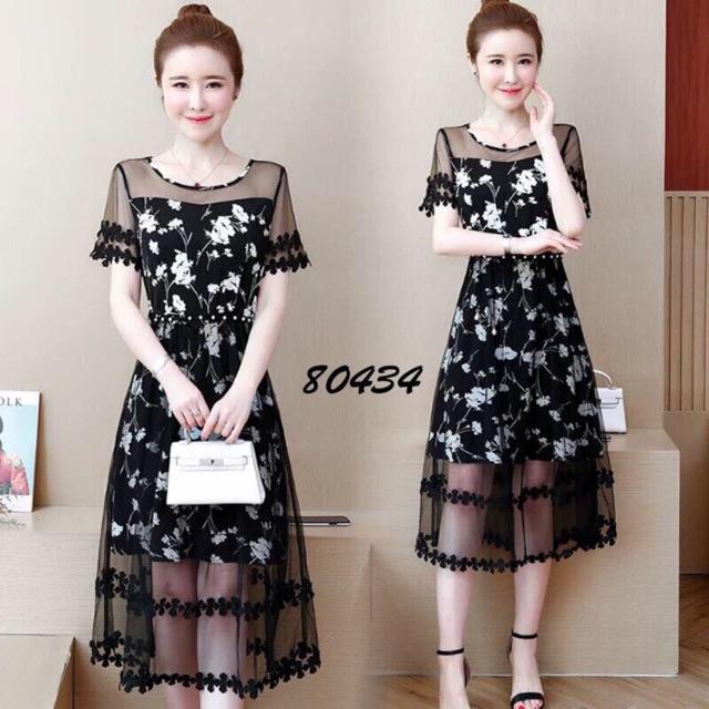 Đầm xoè lưới thêu hoa phối ren SIÊU XINH - Size M L XL 2XL đến 70kg MMR