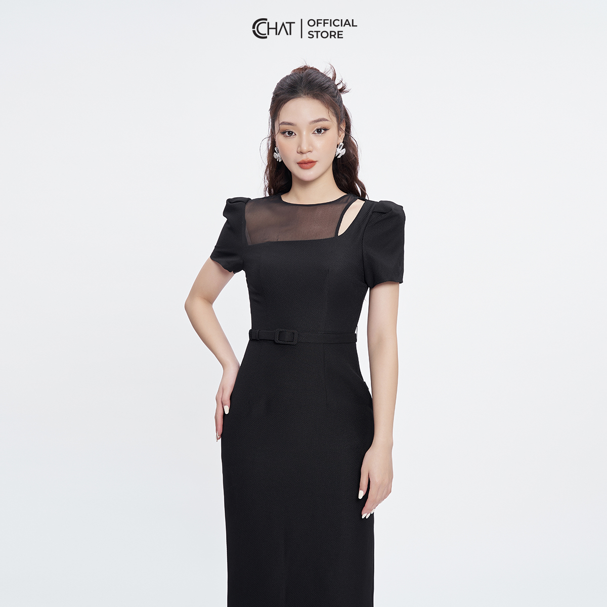 Đầm Nữ Dáng Ôm Suông Kiểu Cutout Vai Chất Tafta Cao Cấp Mềm Mịn 53VNS8001OT