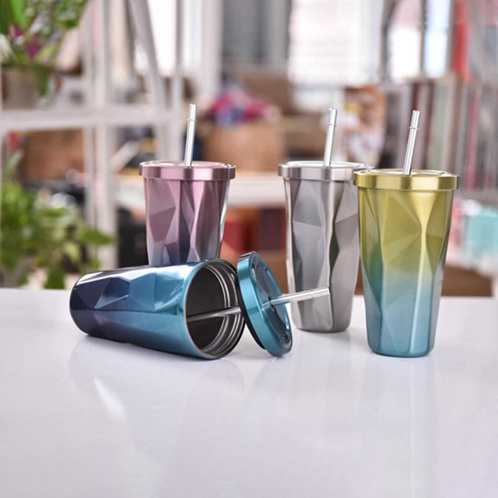 Cốc Nước Thời Trang 500Ml Bằng Thép Không Gỉ Di Động Có Nắp Và Ống Hút