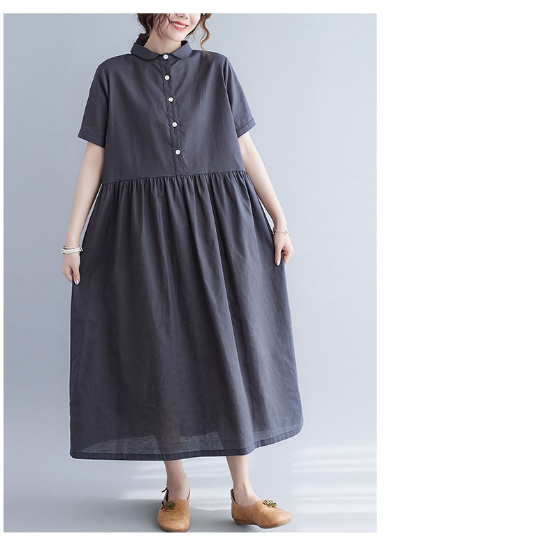 Đầm suông linen cổ sơ mi, Đầm maxi ngắn tay chất liệu linen mềm mát, thời trang phong cách trẻ Đũi Việt DVDA158