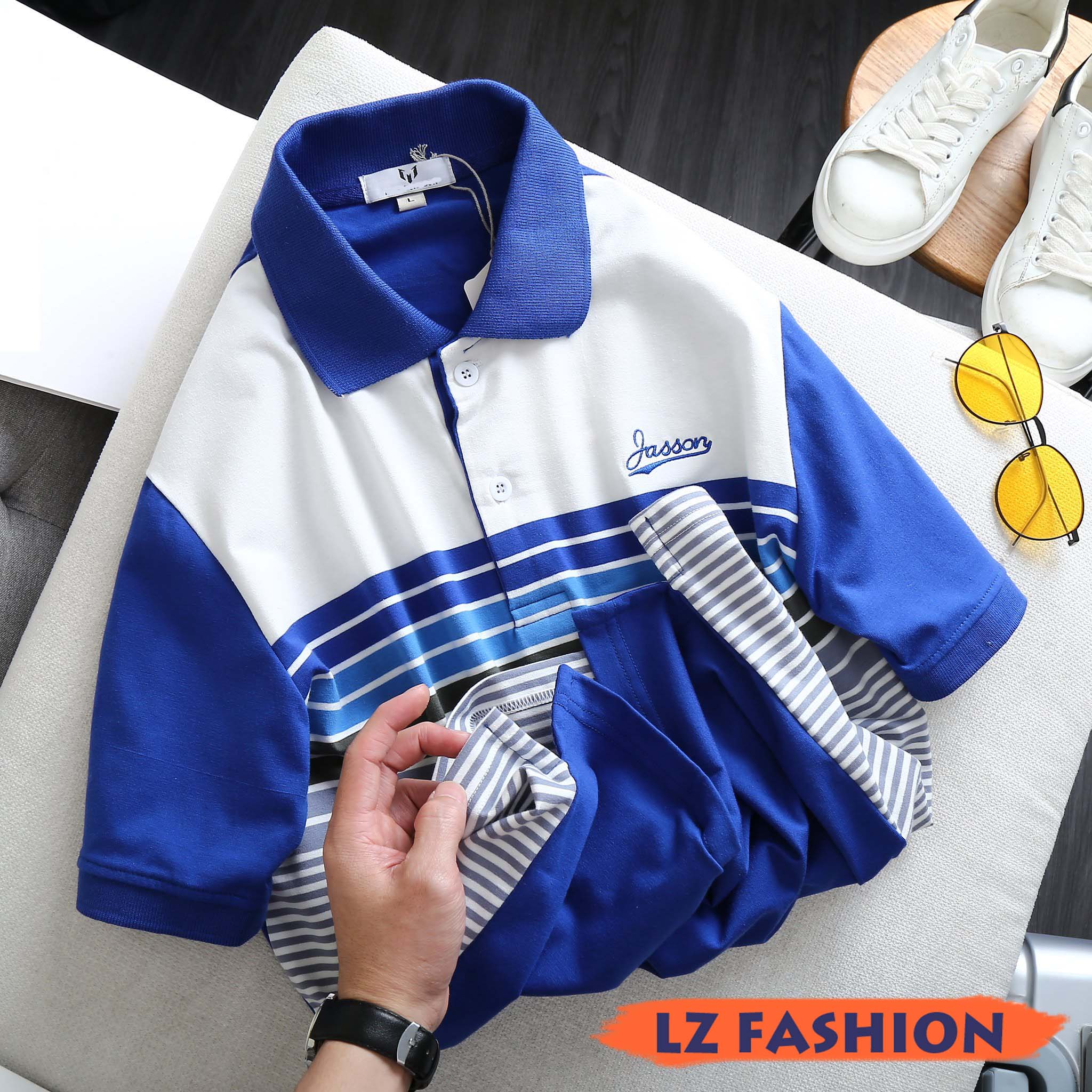 ÁO THUN CỔ BẺ PHỐI SỌC LOGO CHỮ THÊU TRẺ TRUNG - LZ FASHION - LZPS147