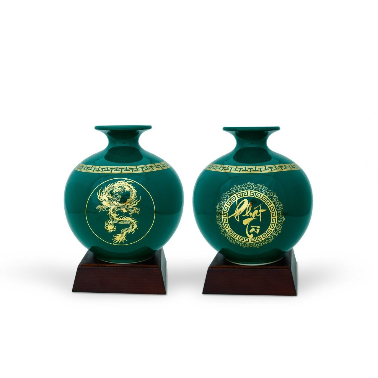 Bình Hút Lộc Gốm Sứ Xanh Ngọc Vẽ Vàng Bát Mã - Mã Đáo Thành Công - S2 - Mx - Phát Lộc cao 18cm