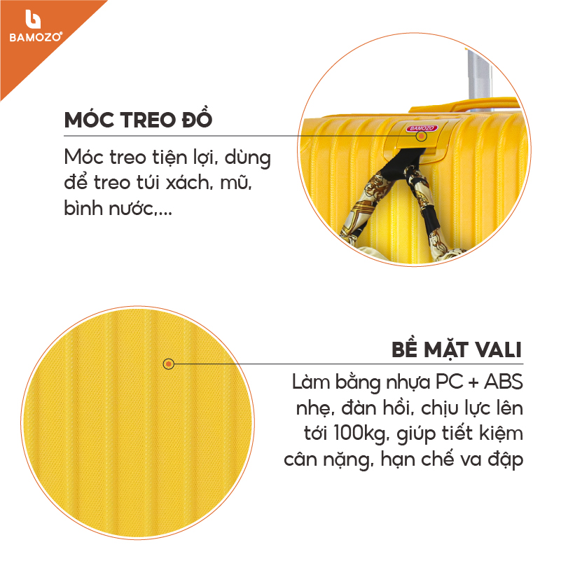 Vali du lịch BAMOZO 8801 MÀU VÀNG size 20/24, vali kéo nhựa được bảo hành 5 năm.