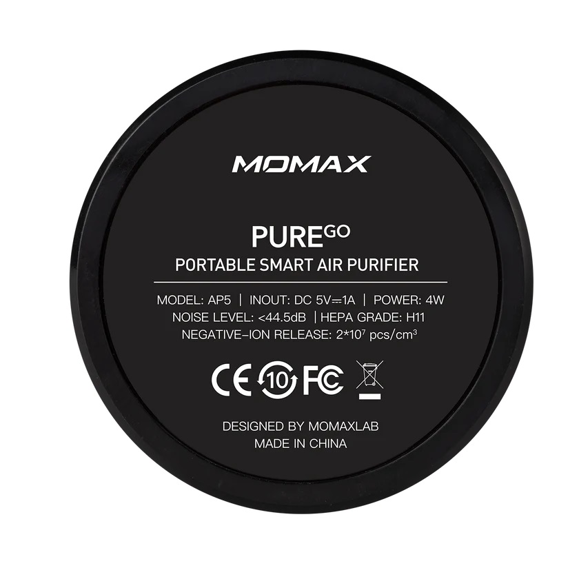 Máy lọc không khí ô tô kháng khuấn Ion âm Sothing Momax Pure Go, Bộ lọc Hepa H11 carbon hoạt tính- Hàng Chính Hãng