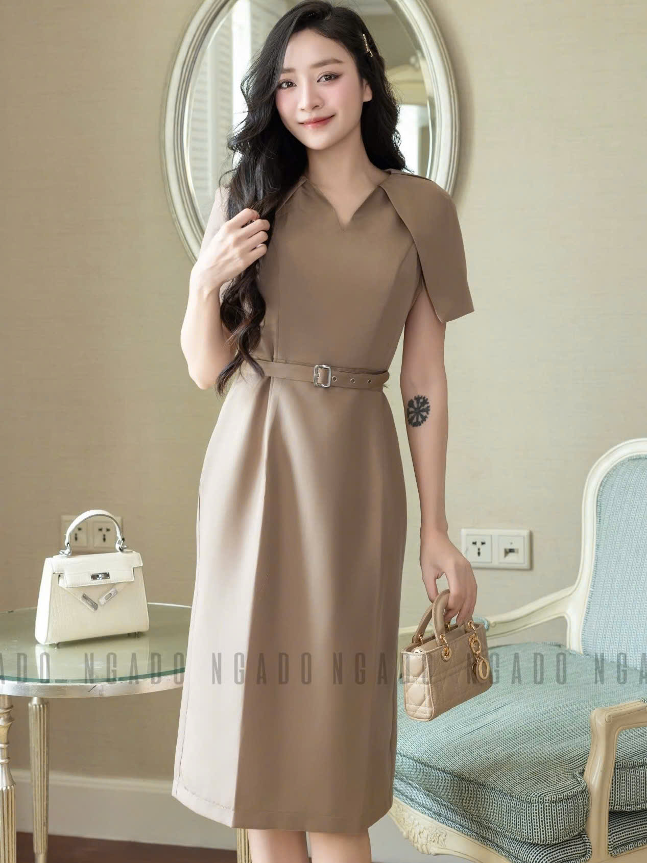 Đầm nâu tay xếp ly NGADO , đầm công sở , đầm dự tiệc