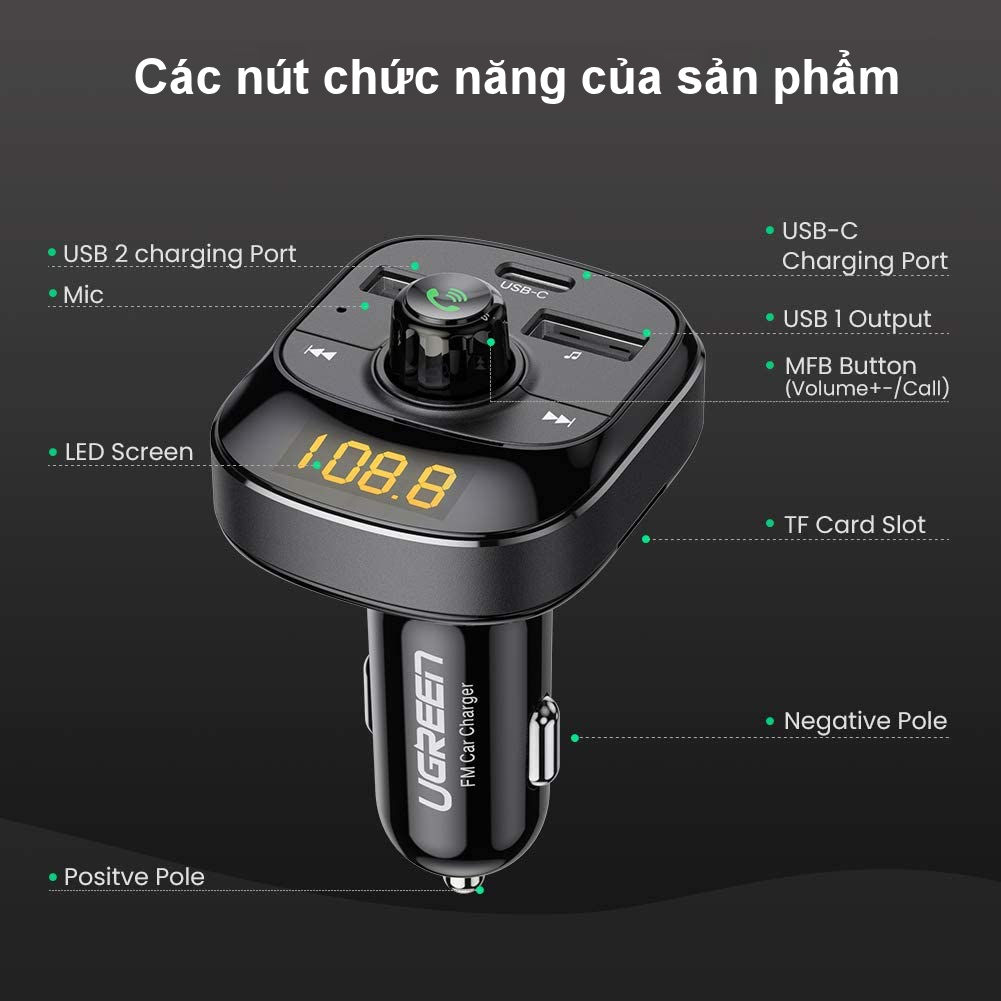 Sạc ô tô đa năng UGREEN ED040 70717 có thể phát FM, Bluetooth 5.0, sạc nhanh PD, cổng USB 2.0, đọc thẻ TF, có đèn LED - Hàng chính hãng